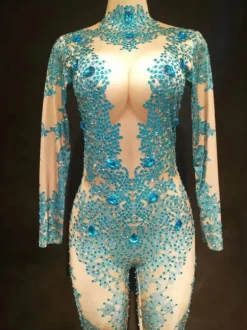 Jazz Dance Costume Sexy Women Blue Long Sleeve Beaded Jumpsuits