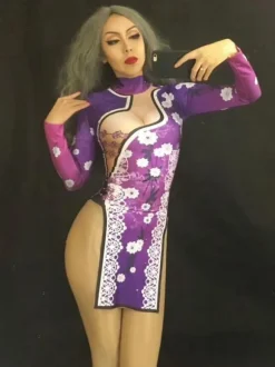 Jazz Dance Costume Women Print Long Sleeve Split Cutout Sexy Dresses