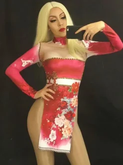 Jazz Dance Costume Women Print Long Sleeve Split Cutout Sexy Dresses