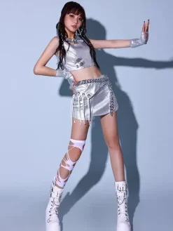 Jazz Dance Costumes Silver Women's Polyester Top Skirt Set Dancing Wear