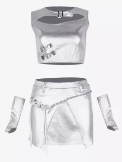 Jazz Dance Costumes Silver Women's Polyester Top Skirt Set Dancing Wear