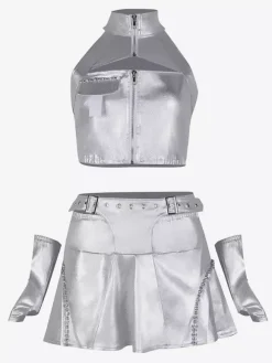 Jazz Dance Costumes Women's Silver Front Zipper Jazz Dance Sets Dancing Wear