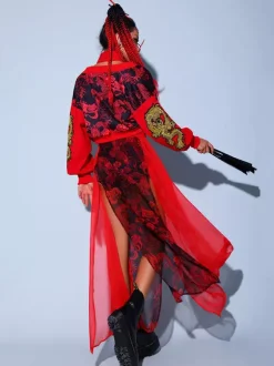 Jazz Dance Costumes For Women Polyester Corset Overcoat Split Skirt Sash 4-Piece Set Dancing Wear