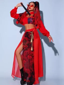 Jazz Dance Costumes For Women Polyester Corset Overcoat Split Skirt Sash 4-Piece Set Dancing Wear