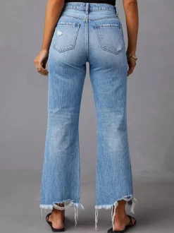 Jeans Bottoms SexyCasual Fringe Raised Waist Denim Jeans
