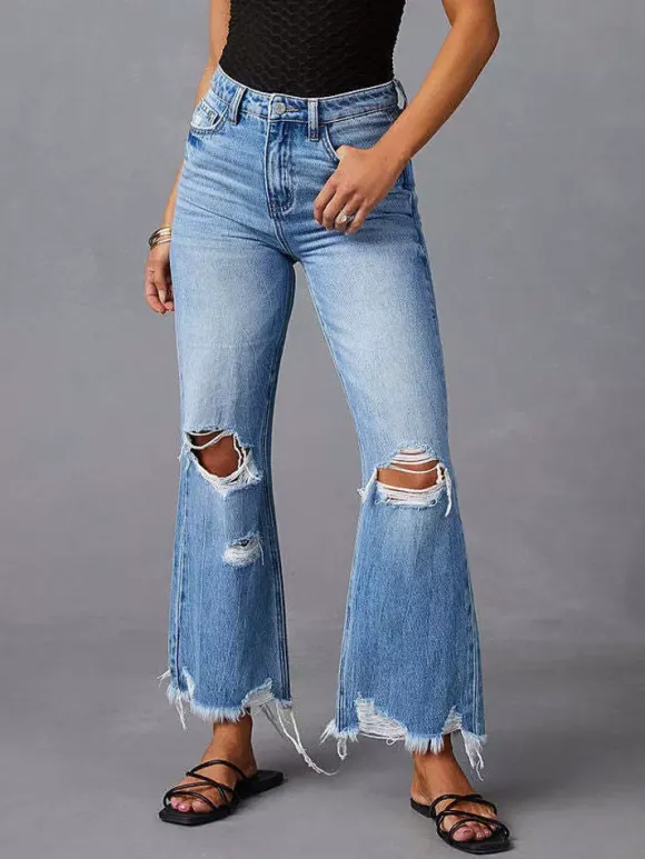 Jeans Bottoms SexyCasual Fringe Raised Waist Denim Jeans