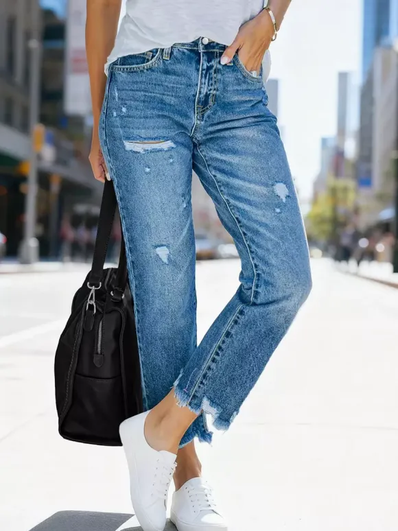 Jeans Women's Bottoms Distressed Cropped Denim Casual Jeans