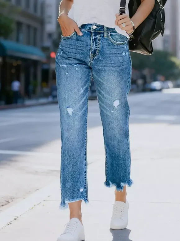 Jeans Women's Bottoms Distressed Cropped Denim Casual Jeans