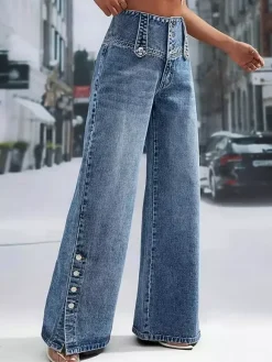 Jeans Women's Wide Sexy Cotton Casual Buttons Bottoms