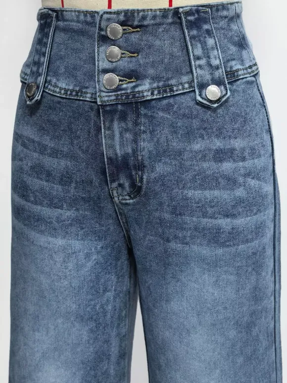 Jeans Women's Wide Sexy Cotton Casual Buttons Bottoms