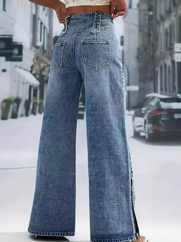 Jeans Women's Wide Sexy Cotton Casual Buttons Bottoms