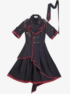 JoJo's Bizarre Adventure Queen Bite The Dust Military Gothic Lolita OP Dress 3 Pieces Set Black Chains Rivets