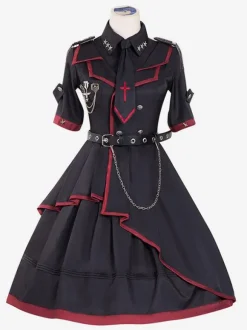 JoJo's Bizarre Adventure Queen Bite The Dust Military Gothic Lolita OP Dress 3 Pieces Set Black Chains Rivets