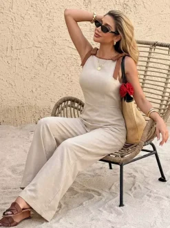 Jumpsuit Contrast Chocolate Trim Shoulder Tie Sleeveless High Waist Wide Leg Pants