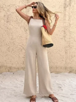 Jumpsuit Contrast Chocolate Trim Shoulder Tie Sleeveless High Waist Wide Leg Pants