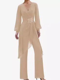 Jumpsuits Mother Dress V-Neck Long Sleeves Applique Wedding Guest Dresses