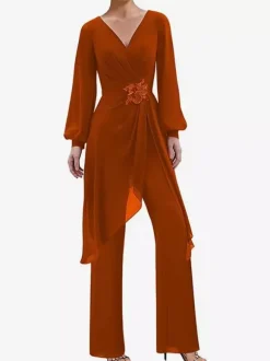 Jumpsuits Mother Dress V-Neck Long Sleeves Applique Wedding Guest Dresses