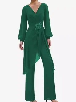 Jumpsuits Mother Dress V-Neck Long Sleeves Applique Wedding Guest Dresses