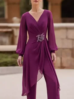 Jumpsuits Mother Dress V-Neck Long Sleeves Applique Wedding Guest Dresses