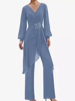 Jumpsuits Mother Dress V-Neck Long Sleeves Applique Wedding Guest Dresses