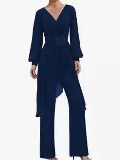 Jumpsuits Mother Dress V-Neck Long Sleeves Applique Wedding Guest Dresses