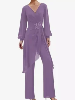 Jumpsuits Mother Dress V-Neck Long Sleeves Applique Wedding Guest Dresses