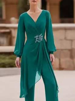 Jumpsuits Mother Dress V-Neck Long Sleeves Applique Wedding Guest Dresses