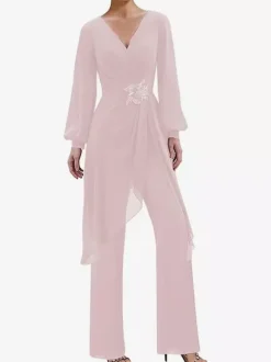 Jumpsuits Mother Dress V-Neck Long Sleeves Applique Wedding Guest Dresses