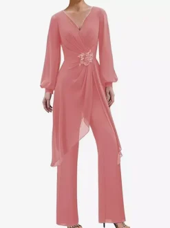 Jumpsuits Mother Dress V-Neck Long Sleeves Applique Wedding Guest Dresses