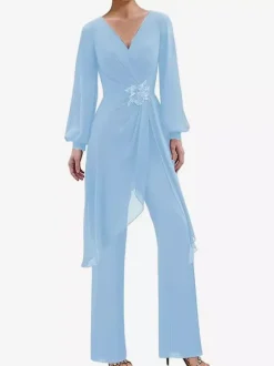 Jumpsuits Mother Dress V-Neck Long Sleeves Applique Wedding Guest Dresses