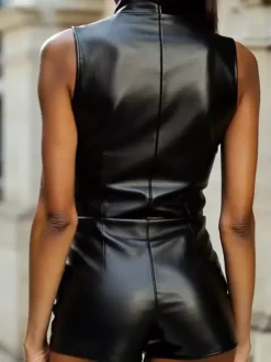 Jumpsuits Black High Collar Sleeveless Zipper PU Leather Romper Skinny Summer Playsuit