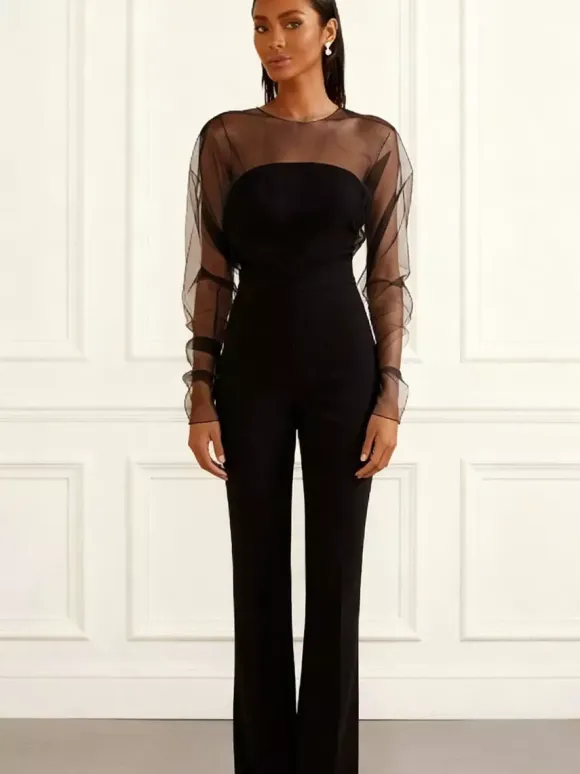 Jumpsuits Black Jewel Neck Long Sleeves Flared Summer One Piece Outfit