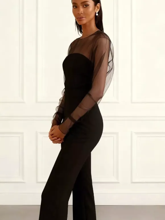 Jumpsuits Black Jewel Neck Long Sleeves Flared Summer One Piece Outfit