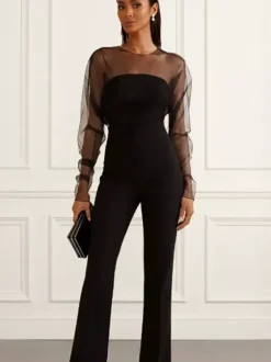 Jumpsuits Black Jewel Neck Long Sleeves Flared Summer One Piece Outfit