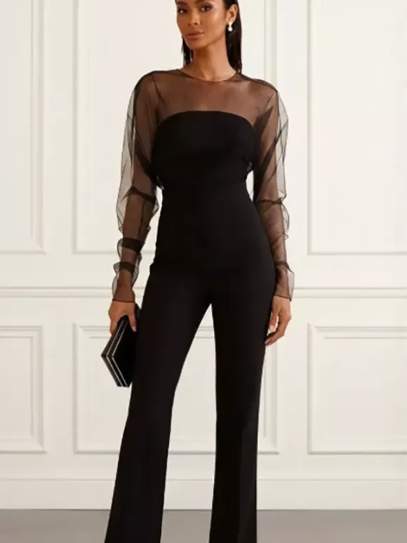 Jumpsuits Black Jewel Neck Long Sleeves Flared Summer One Piece Outfit