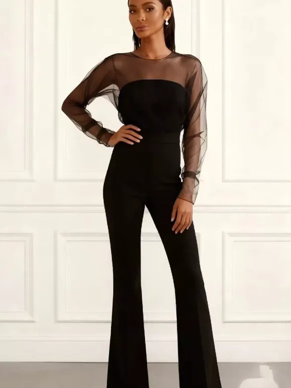 Jumpsuits Black Jewel Neck Long Sleeves Flared Summer One Piece Outfit