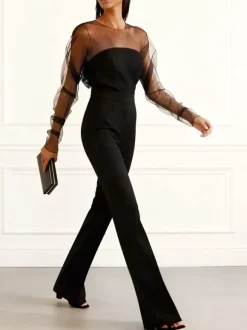 Jumpsuits Black Jewel Neck Long Sleeves Flared Summer One Piece Outfit