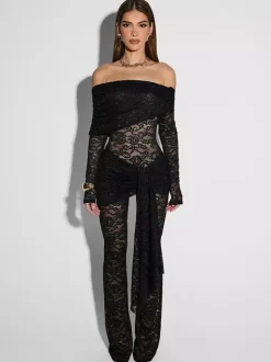 Jumpsuits Black Off-The-Shoulder Long Sleeves Lace Sheer Flared Summer Playsuit