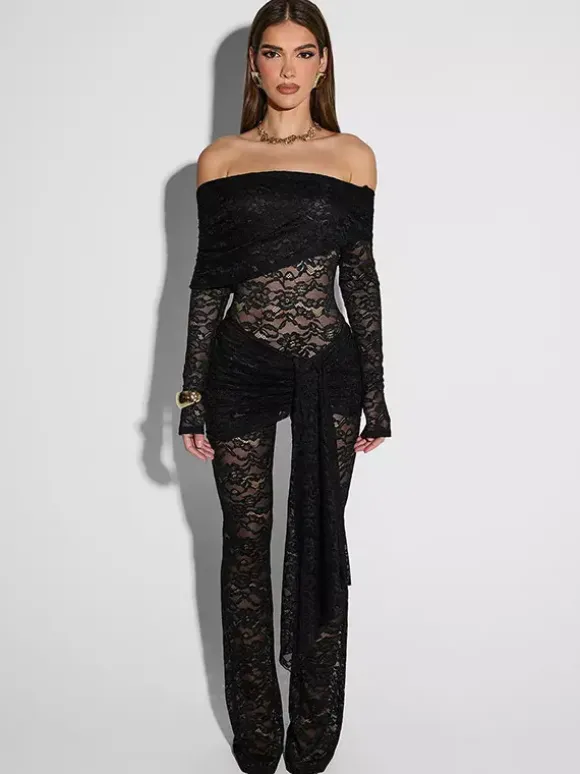Jumpsuits Black Off-The-Shoulder Long Sleeves Lace Sheer Flared Summer Playsuit