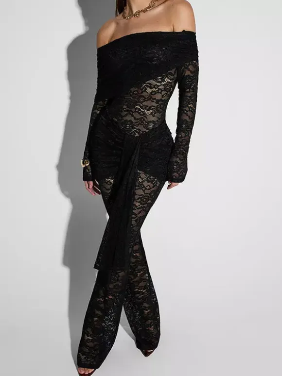 Jumpsuits Black Off-The-Shoulder Long Sleeves Lace Sheer Flared Summer Playsuit