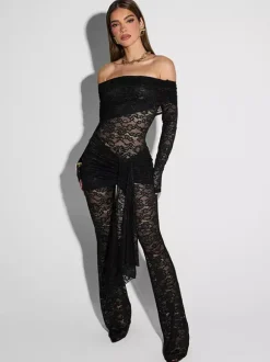 Jumpsuits Black Off-The-Shoulder Long Sleeves Lace Sheer Flared Summer Playsuit