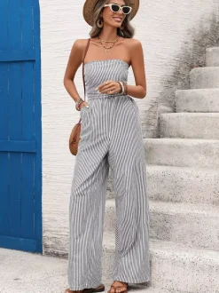 Jumpsuits Black Stripes Sleeveless Spaghetti Straps Wide Summer Playsuit