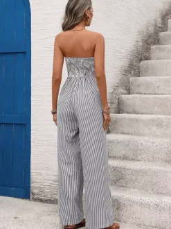 Jumpsuits Black Stripes Sleeveless Spaghetti Straps Wide Summer Playsuit