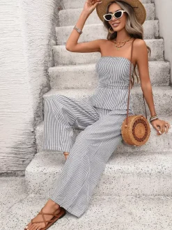 Jumpsuits Black Stripes Sleeveless Spaghetti Straps Wide Summer Playsuit