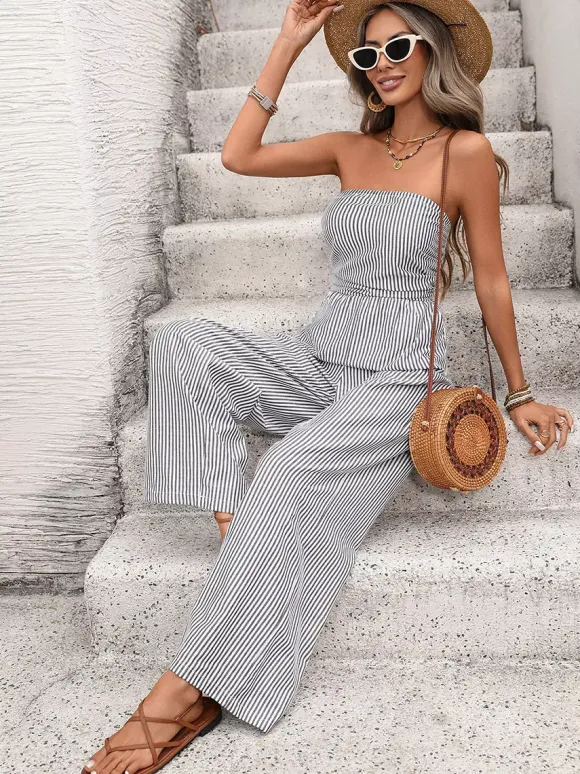 Jumpsuits Black Stripes Sleeveless Spaghetti Straps Wide Summer Playsuit