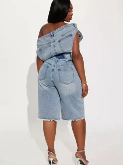 Jumpsuits Blue Notched Neckline Sleeveless Denim Loose Summer One Piece Outfit