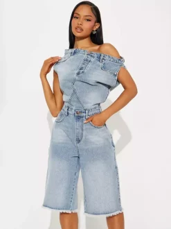 Jumpsuits Blue Notched Neckline Sleeveless Denim Loose Summer One Piece Outfit