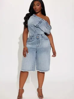 Jumpsuits Blue Notched Neckline Sleeveless Denim Loose Summer One Piece Outfit