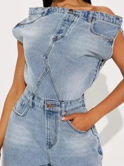 Jumpsuits Blue Notched Neckline Sleeveless Denim Loose Summer One Piece Outfit