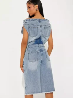 Jumpsuits Blue Notched Neckline Sleeveless Denim Loose Summer One Piece Outfit